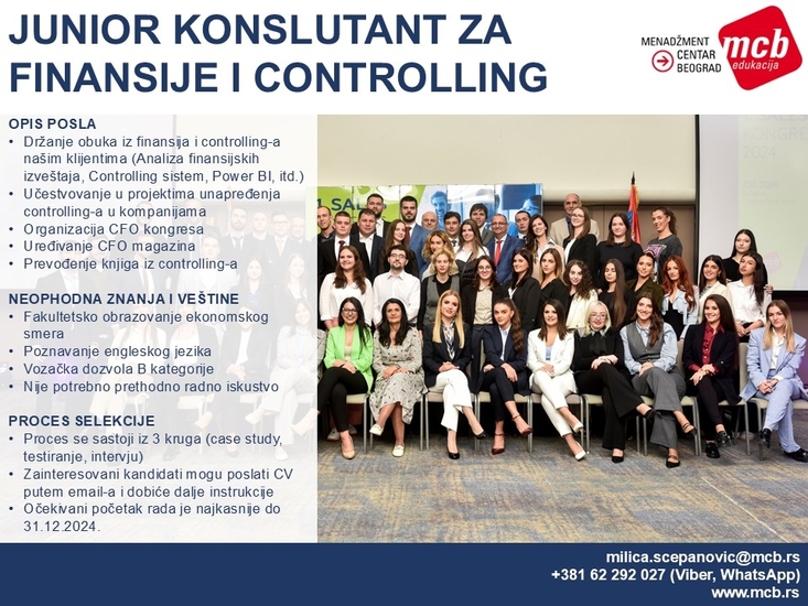 Menadžment centar Beograd: Junior konsultant za finansije i kontroling 